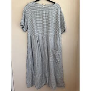 Lintico Morgan Pinstripe Midi Dress Blue White Linen Short Sleeve Sz XXL
